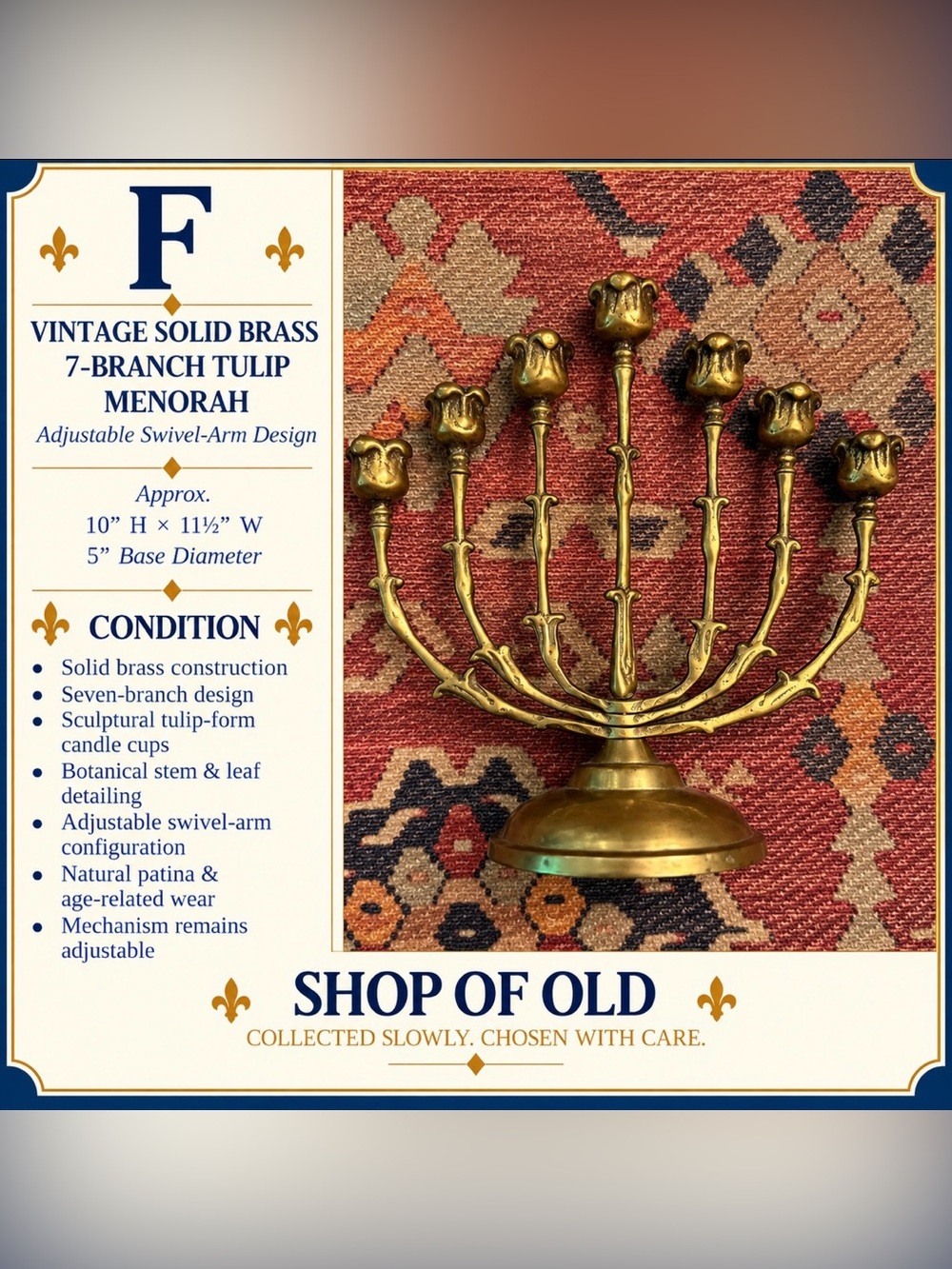 Vintage Solid Brass 7-Branch Tulip Menorah | Adjustable Swivel-Arm Design